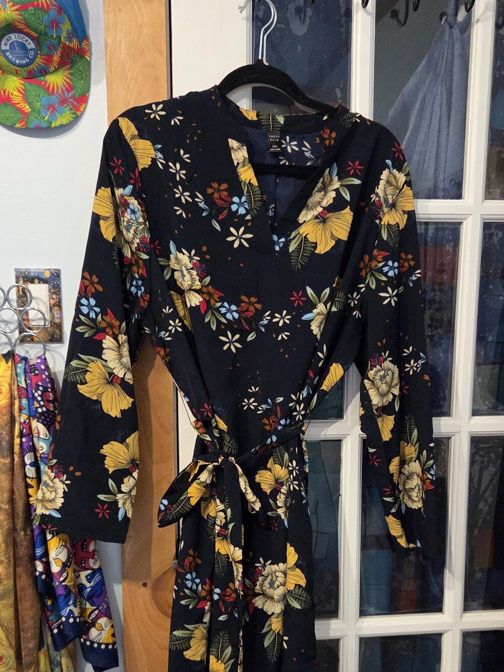 Black Floral Long-Sleeve Tie-Waist Midi Dress with Yellow Blossoms